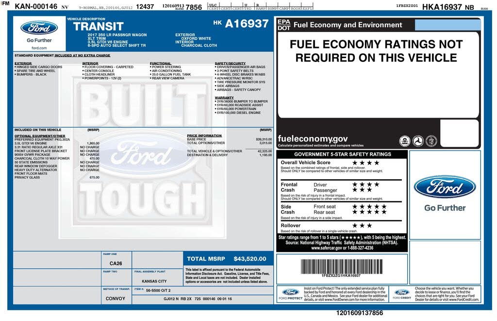 2017 Ford Transit 350 XL Low Roof