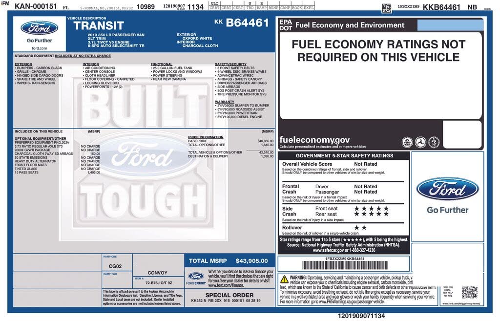 2019 Ford Transit 350 XL Low Roof